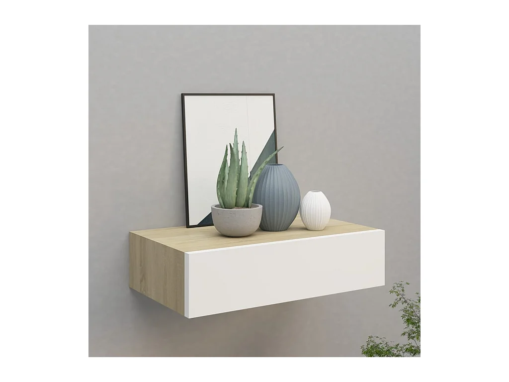 Étagère à tiroir murale chêne et blanc 40x23,5x10 cm MDF