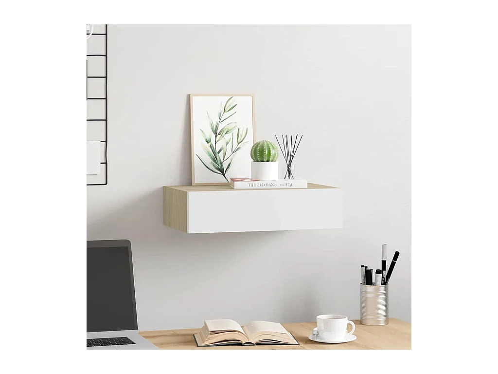 Étagère à tiroir murale chêne et blanc 40x23,5x10 cm MDF