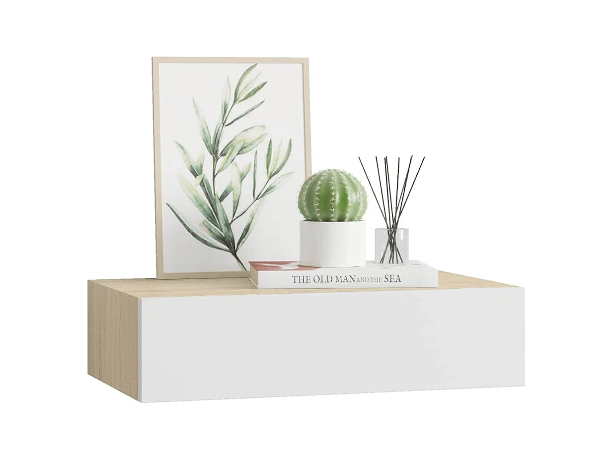 Étagère à tiroir murale chêne et blanc 40x23,5x10 cm MDF