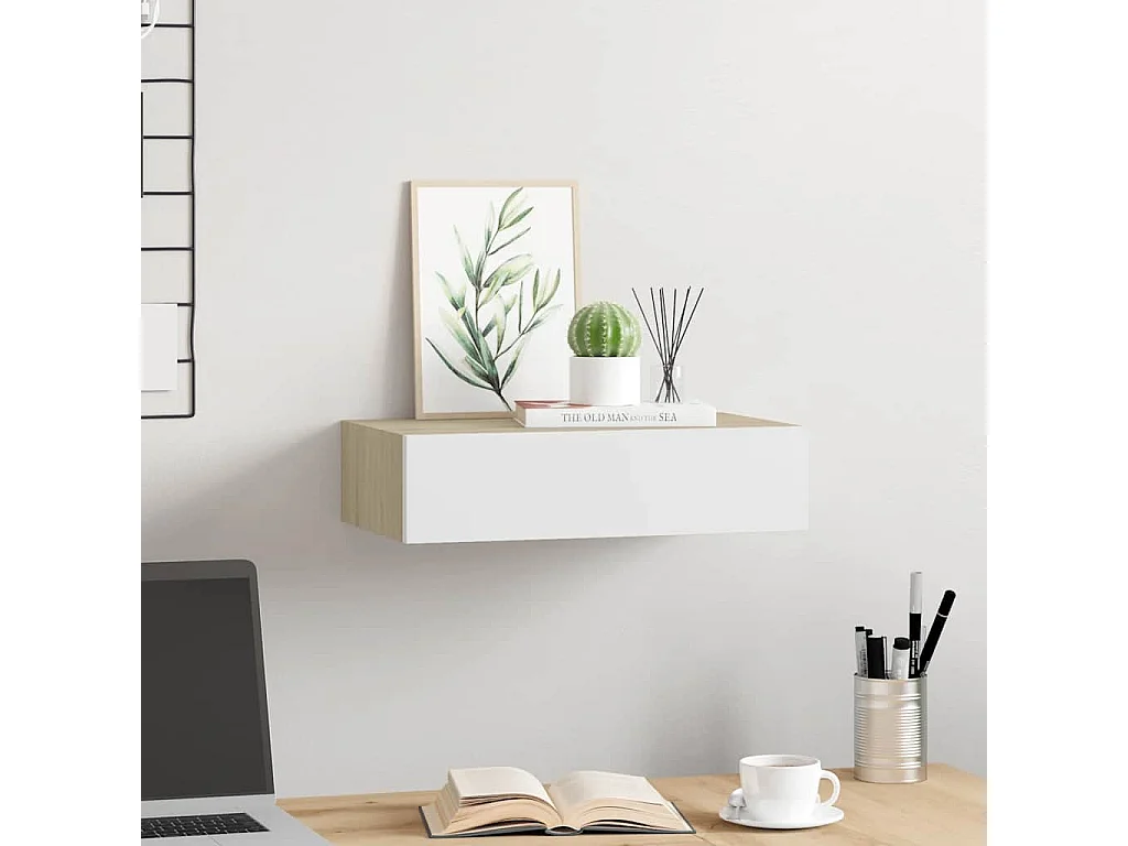 Étagère à tiroir murale chêne et blanc 40x23,5x10 cm MDF