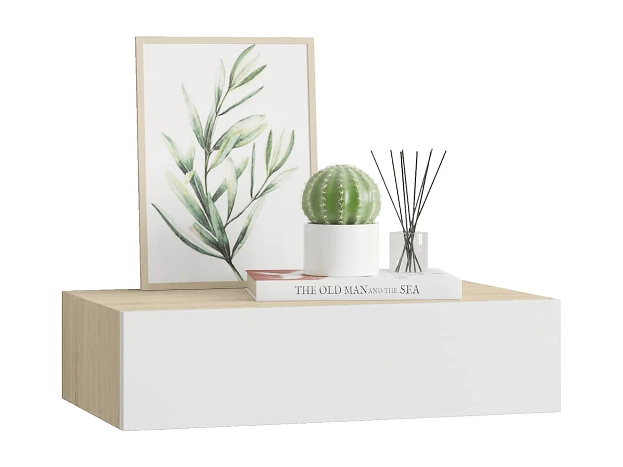 Étagère à tiroir murale chêne et blanc 40x23,5x10 cm MDF