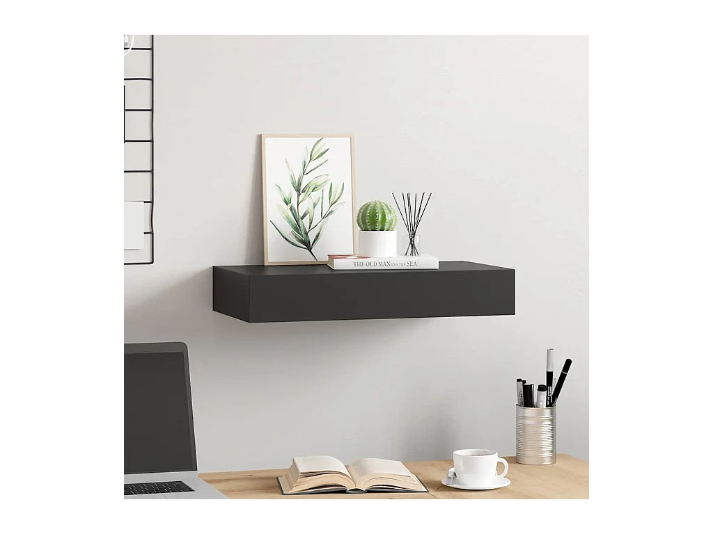 Mensola da parete sospesa con cassetto Nero 48x25x8 cm