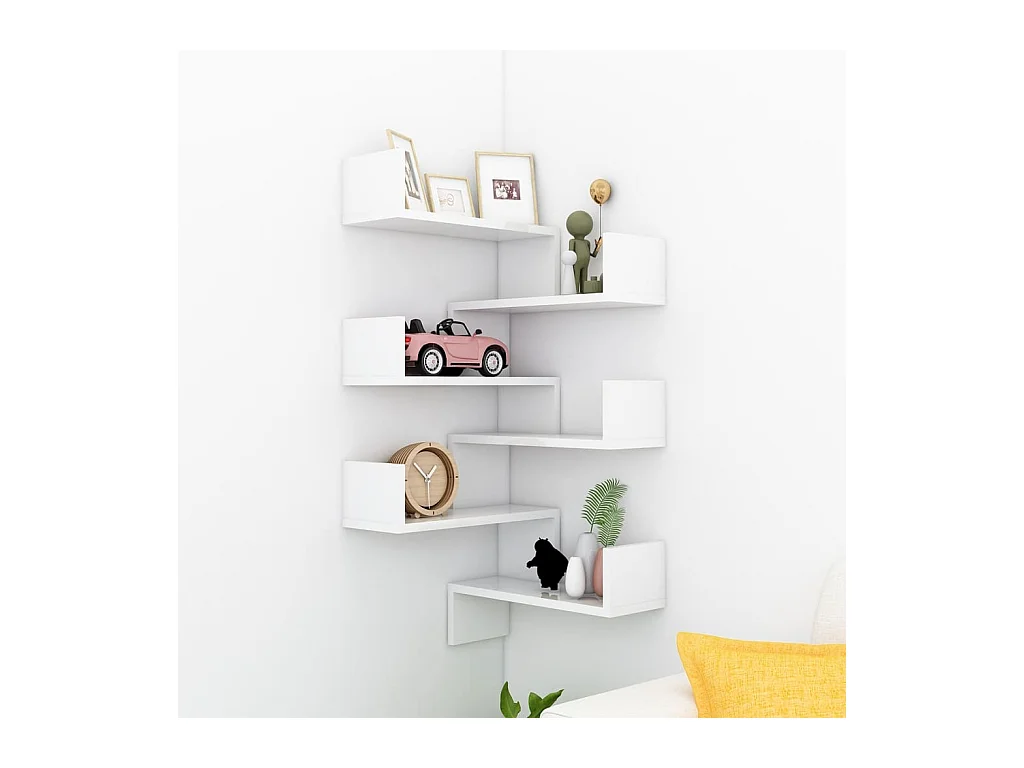 Étagères murales d'angle 2 pcs Blanc brillant Bois d’ingénierie