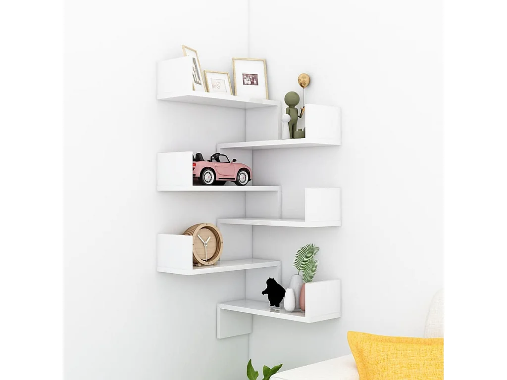 Étagères murales d'angle 2 pcs Blanc brillant Bois d’ingénierie