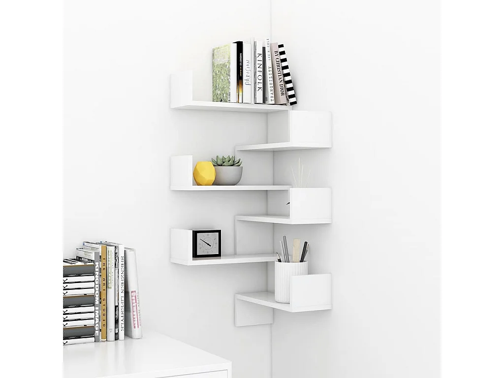 Étagères murales d'angle 2 pcs Blanc brillant Bois d’ingénierie
