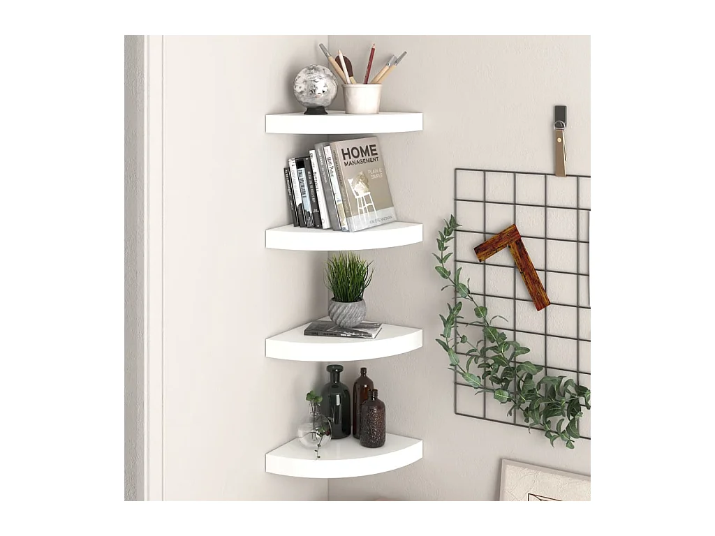 Mensole angolari sospese 4 pezzi Bianco lucido 25x25x3,8 cm MDF