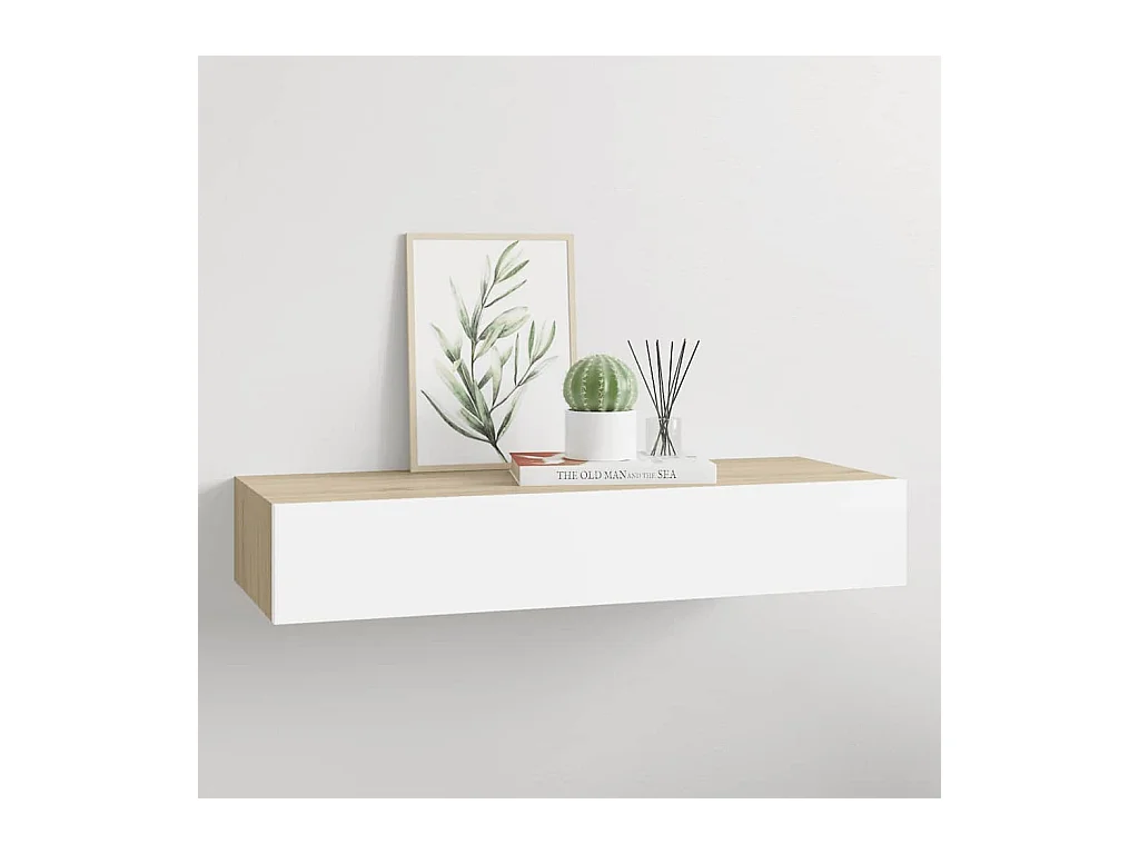 Étagère à tiroir murale chêne et blanc 60x23,5x10 cm MDF