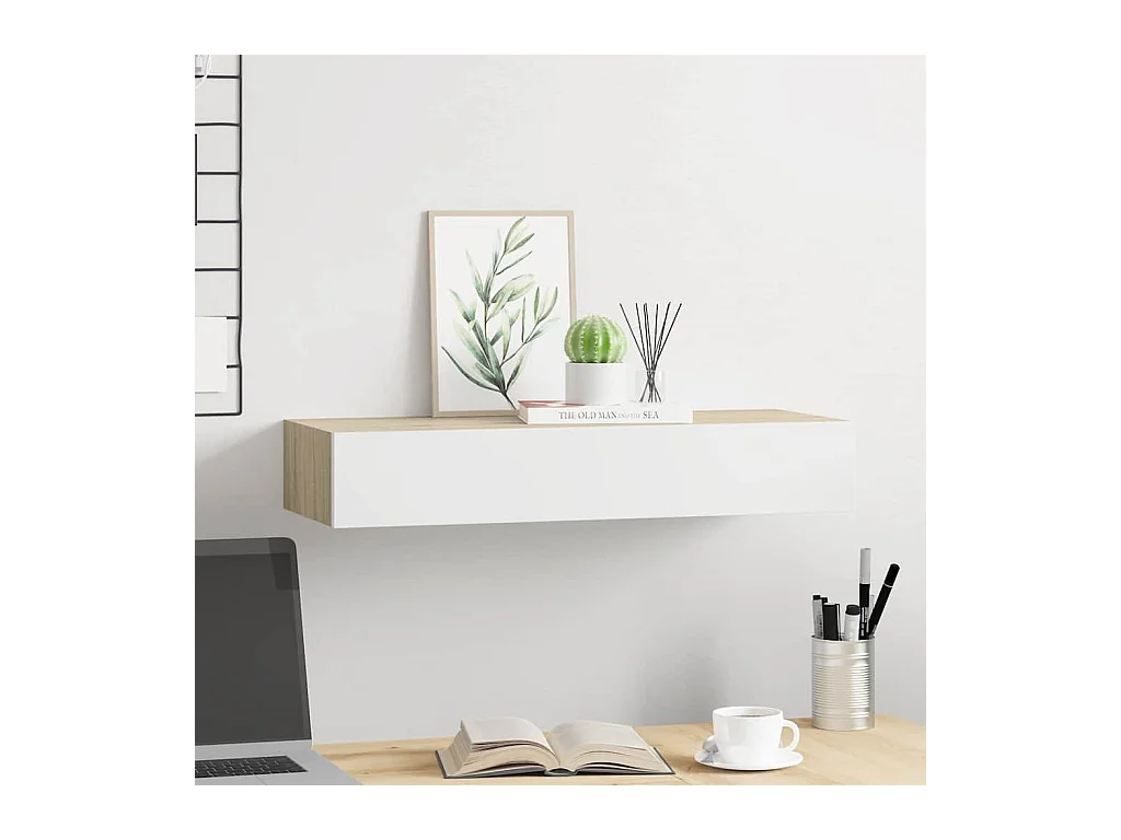 Étagère à tiroir murale chêne et blanc 60x23,5x10 cm MDF