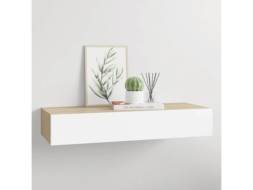 Étagère à tiroir murale chêne et blanc 60x23,5x10 cm MDF