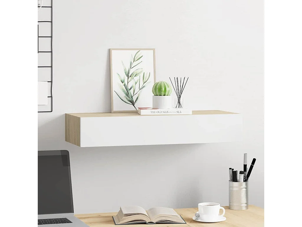 Étagère à tiroir murale chêne et blanc 60x23,5x10 cm MDF