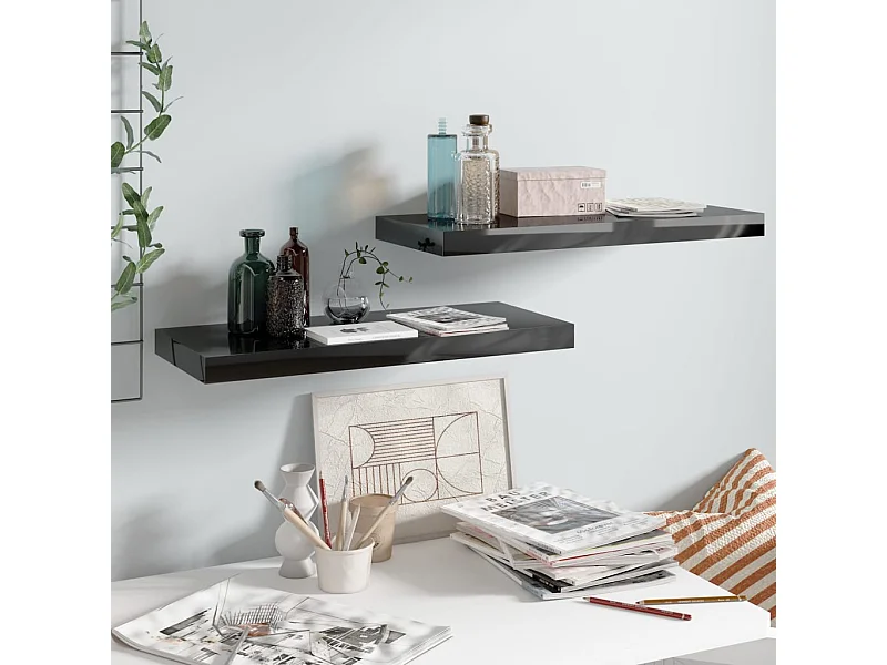 Mensola da parete sospesa 2 pezzi Nero lucido 60x23,5x3,8 cm MDF