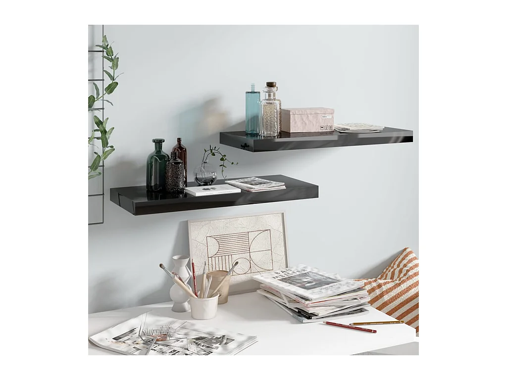 Mensola da parete sospesa 2 pezzi Nero lucido 60x23,5x3,8 cm MDF