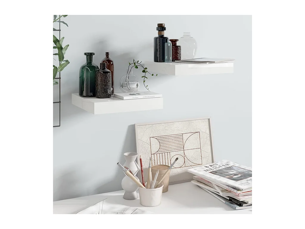 Mensola da parete sospesa 2 pezzi Bianco lucido 23x23,5x3,8cm MDF