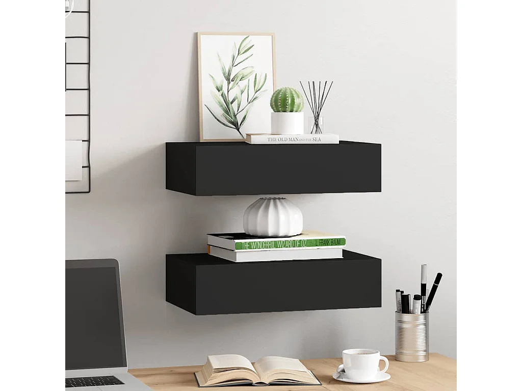 Étagères à tiroirs murales 2 pcs noir 40x23,5x10 cm MDF