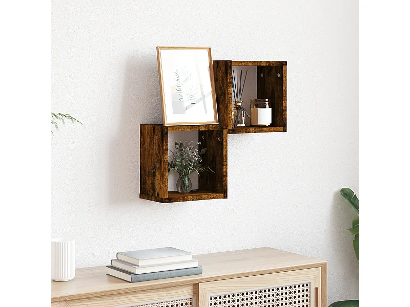 Cubi da parete, set di 2 mensole in rovere fumé, 26x15x26 cm, realizzate in truciolare.