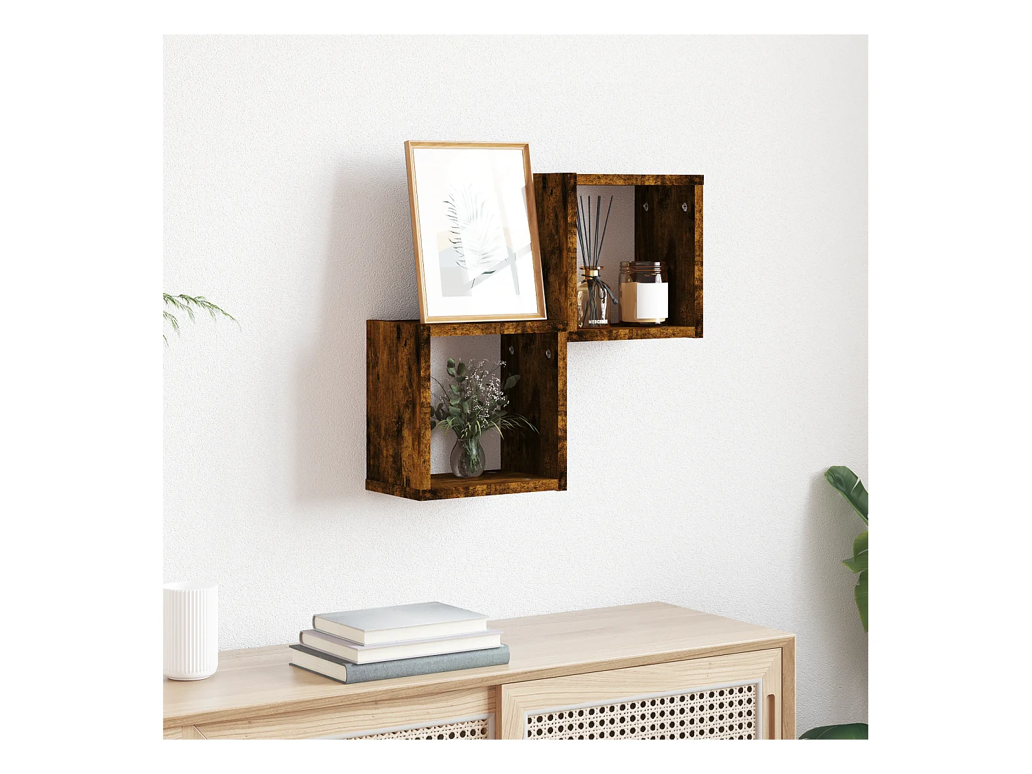 Cubi da parete, set di 2 mensole in rovere fumé, 26x15x26 cm, realizzate in truciolare.