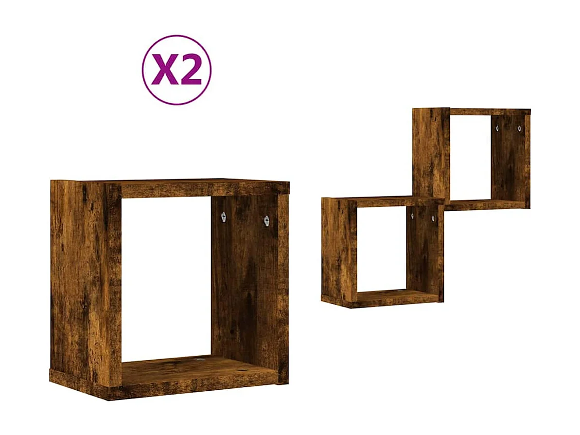 Cubes muraux , ensemble de 2 étagères en chêne fumé, 26x15x26 cm, en bois aggloméré.