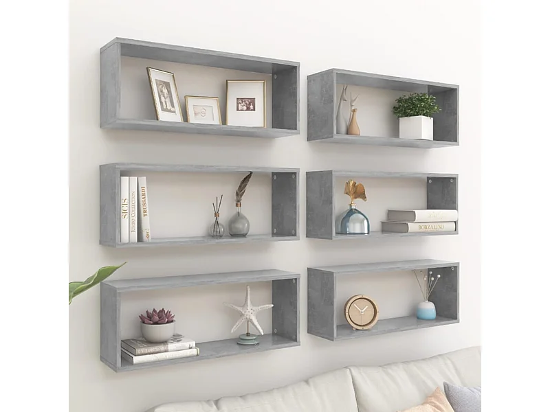Estantes de pared cúbicos de 6 piezas, gris hormigón, madera de ingeniería