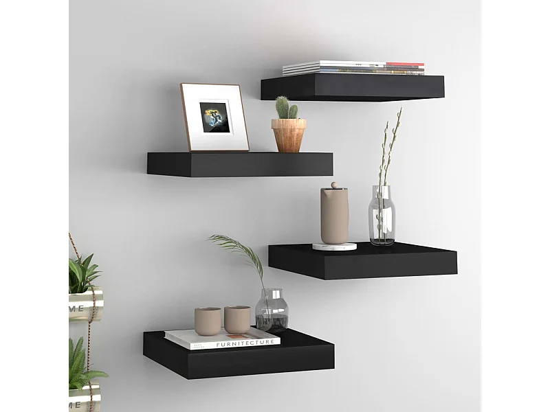Mensole da parete sospese 4 pezzi nere 23x23,5x3,8 cm MDF