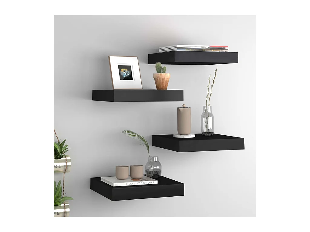 Mensole da parete sospese 4 pezzi nere 23x23,5x3,8 cm MDF