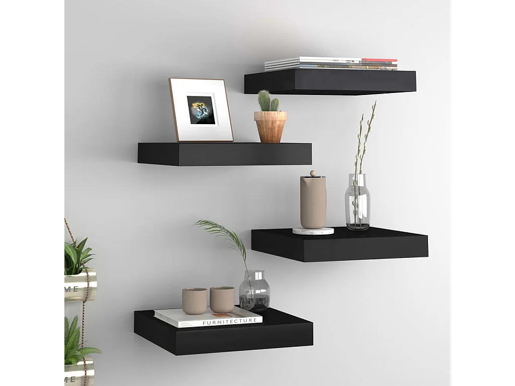 Étagères murales flottantes 4 pcs noir 23x23,5x3,8 cm MDF
