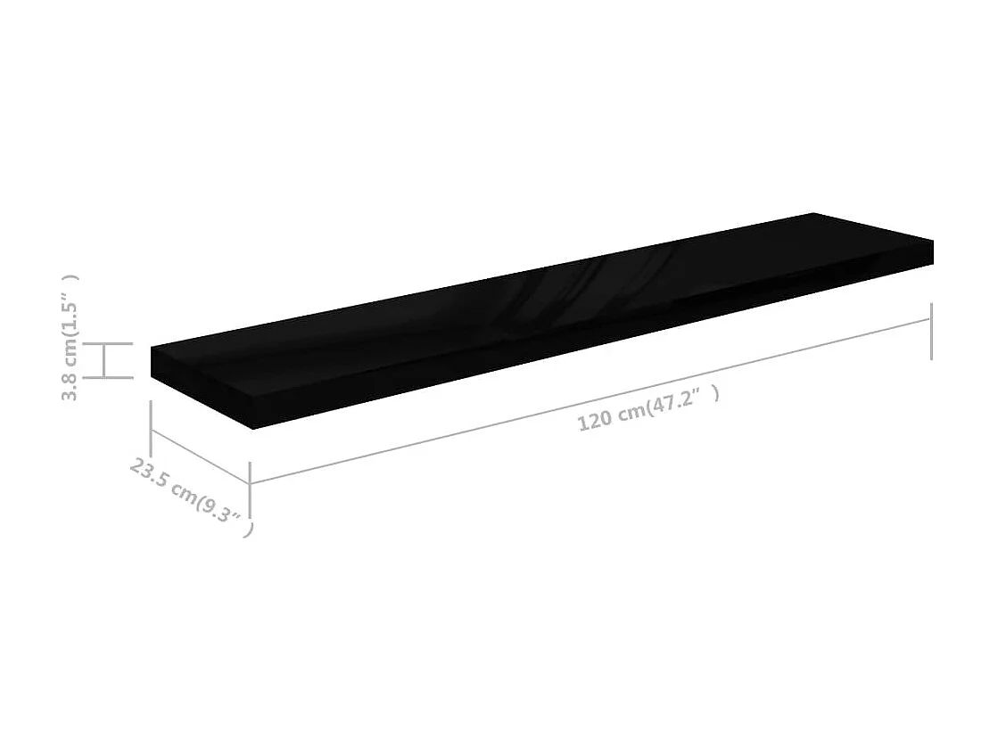 Mensola da parete sospesa Nero lucido 120x23,5x3,8 cm MDF