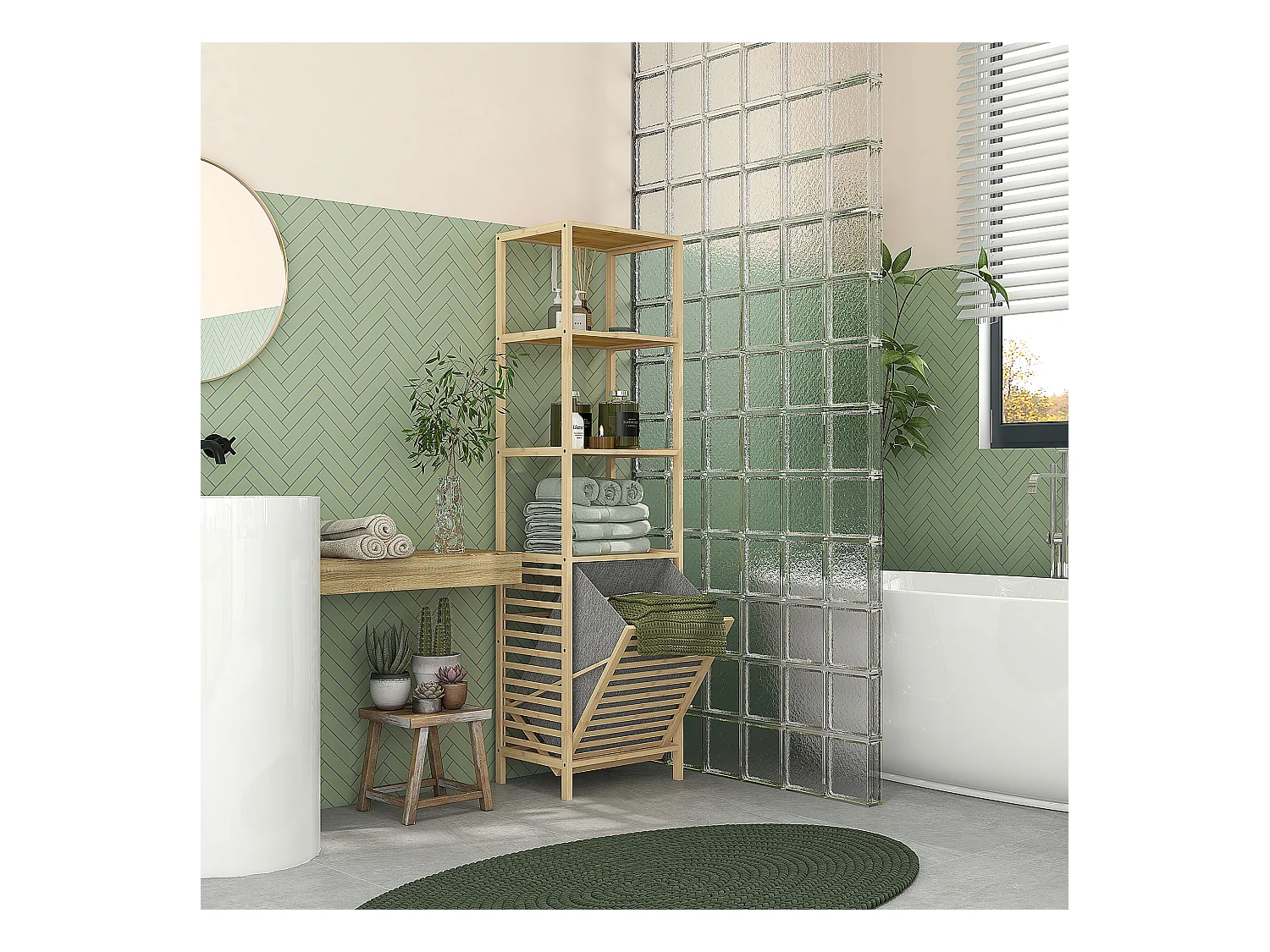 Étagère de salle de bain en bambou, avec 3 étagères ouvertes et panier en tissu, avec protection anti-basculement, couleur naturelle (44x33x160 cm)