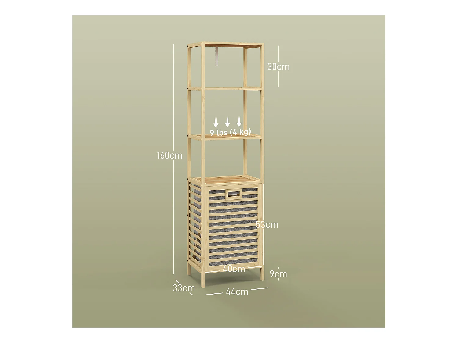 Étagère de salle de bain en bambou, avec 3 étagères ouvertes et panier en tissu, avec protection anti-basculement, couleur naturelle (44x33x160 cm)