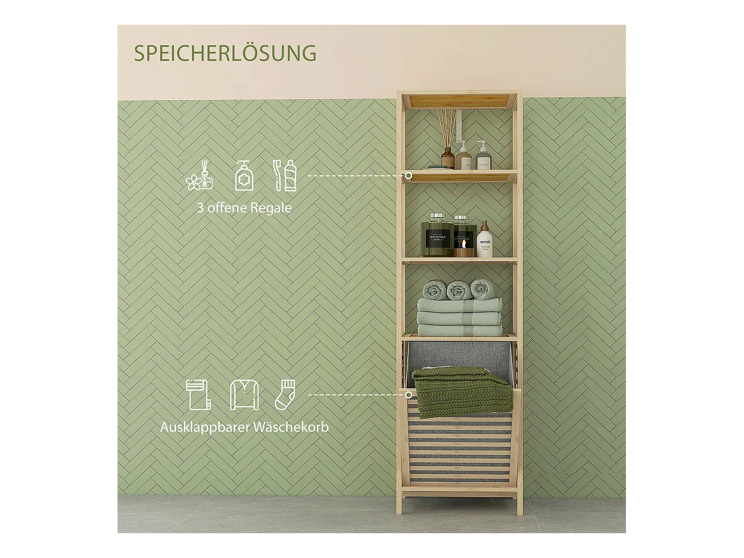 Étagère de salle de bain en bambou, avec 3 étagères ouvertes et panier en tissu, avec protection anti-basculement, couleur naturelle (44x33x160 cm)