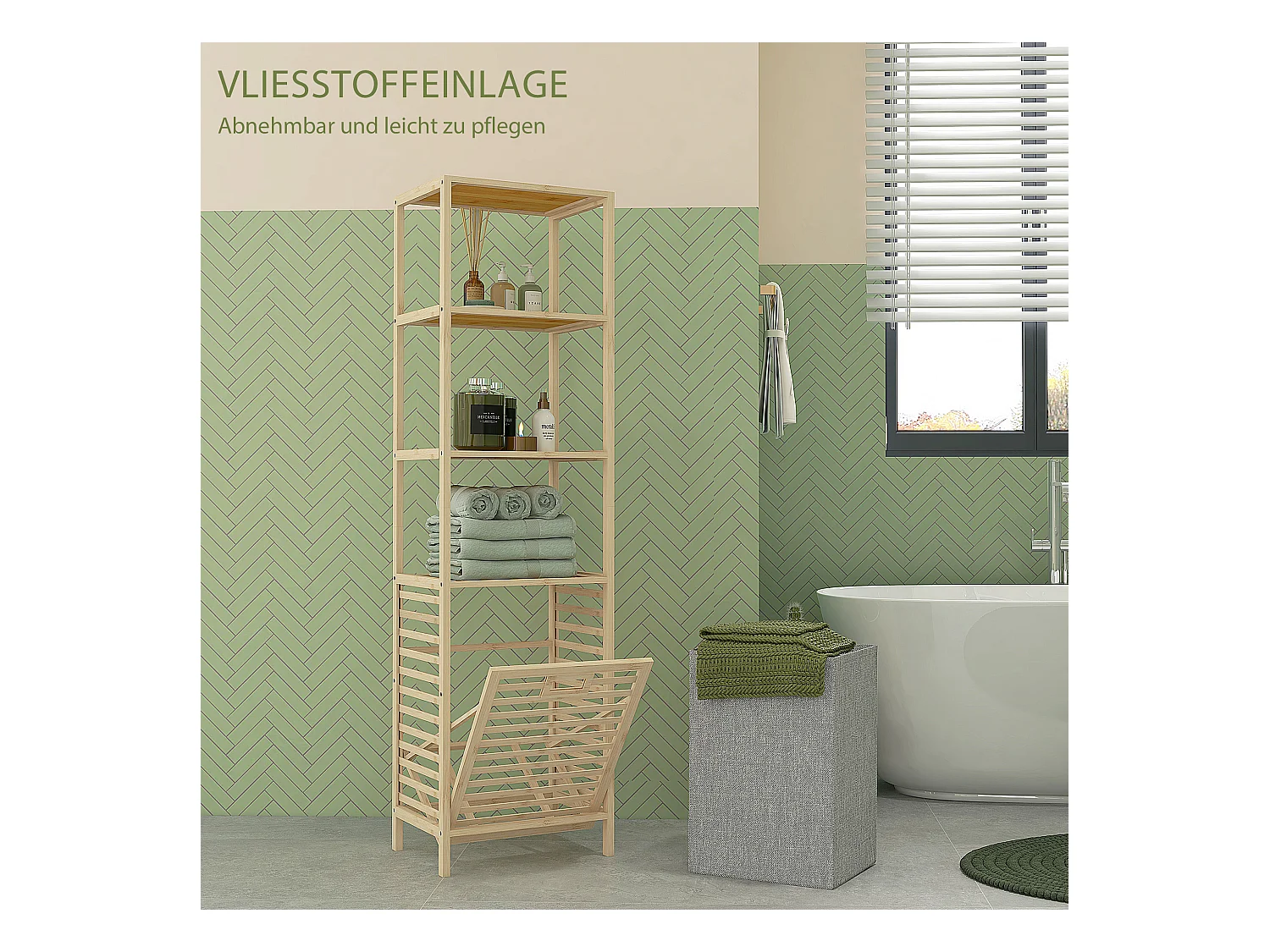 Étagère de salle de bain en bambou, avec 3 étagères ouvertes et panier en tissu, avec protection anti-basculement, couleur naturelle (44x33x160 cm)