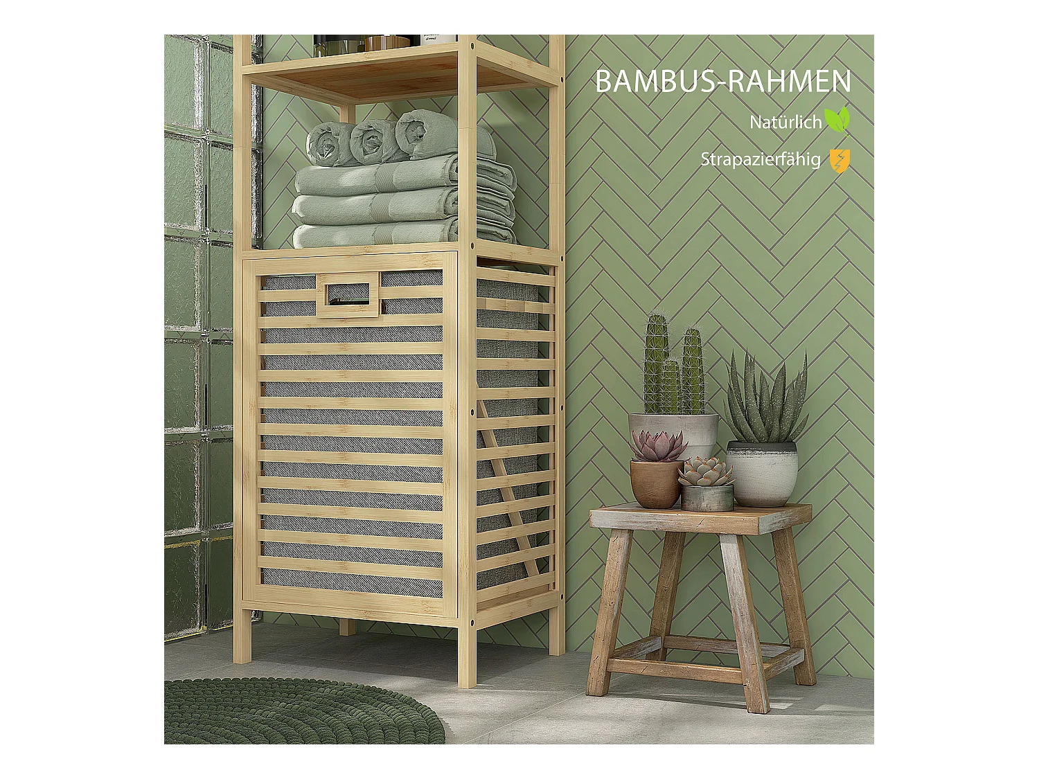 Étagère de salle de bain en bambou, avec 3 étagères ouvertes et panier en tissu, avec protection anti-basculement, couleur naturelle (44x33x160 cm)