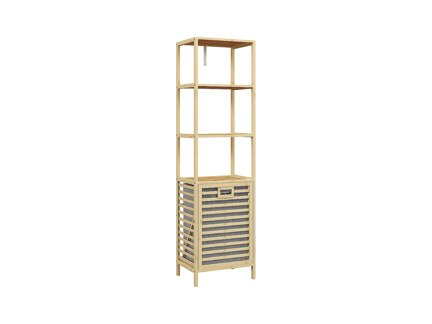 Étagère de salle de bain en bambou, avec 3 étagères ouvertes et panier en tissu, avec protection anti-basculement, couleur naturelle (44x33x160 cm)
