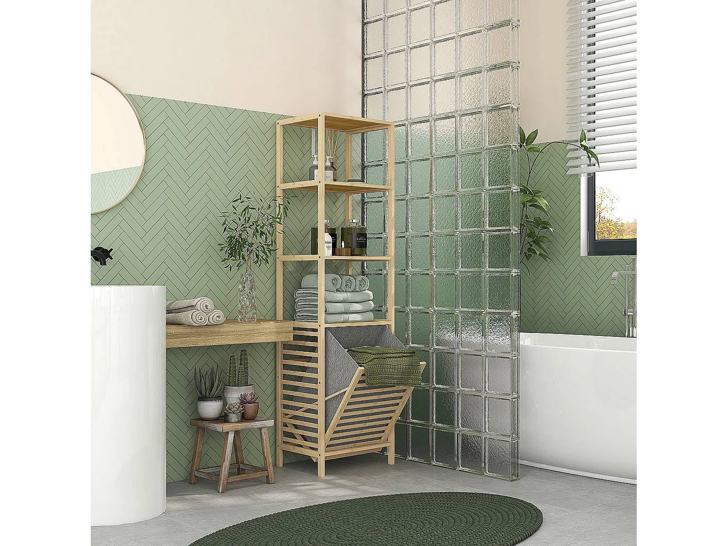 Étagère de salle de bain en bambou, avec 3 étagères ouvertes et panier en tissu, avec protection anti-basculement, couleur naturelle (44x33x160 cm)