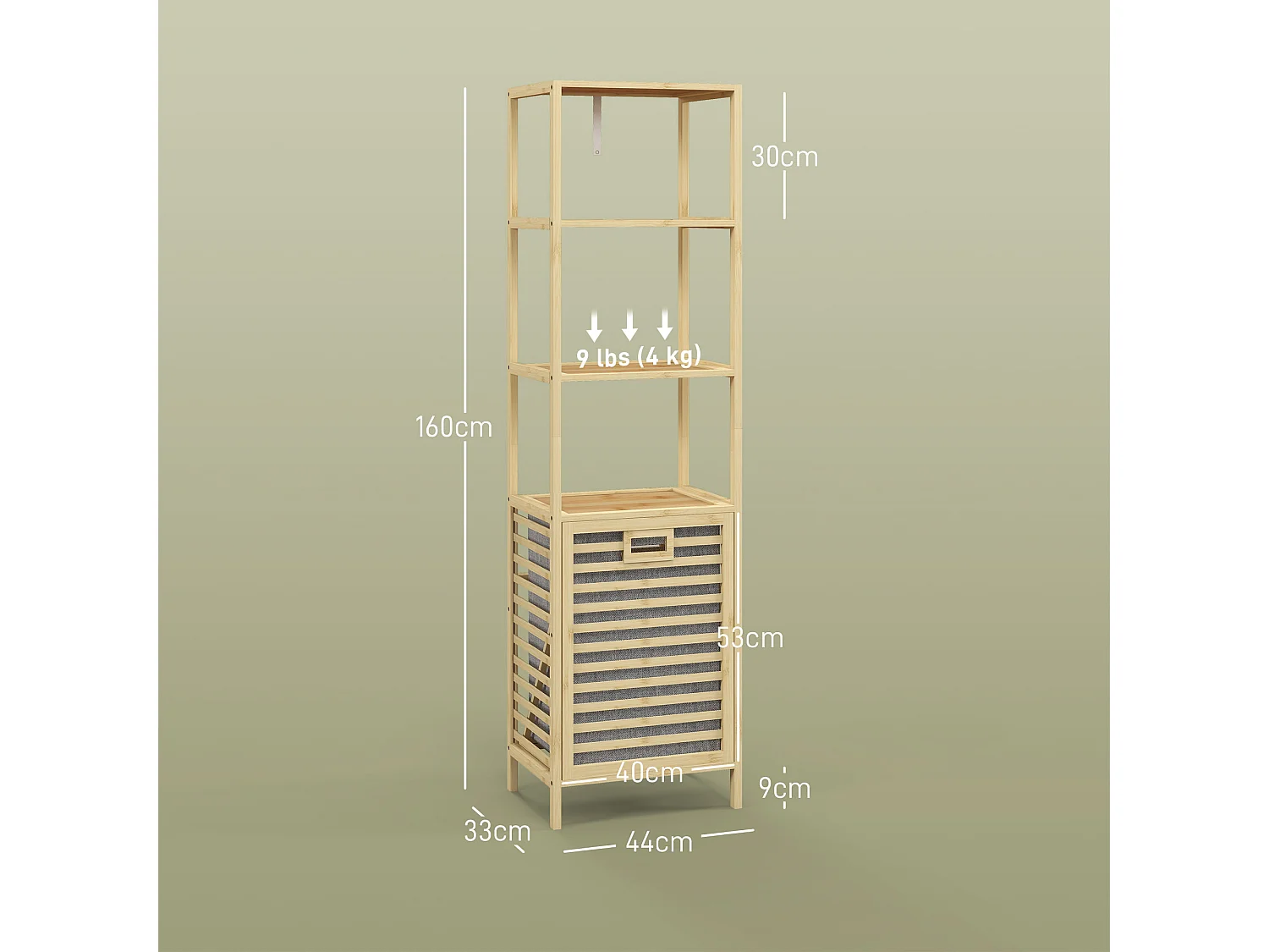 Étagère de salle de bain en bambou, avec 3 étagères ouvertes et panier en tissu, avec protection anti-basculement, couleur naturelle (44x33x160 cm)