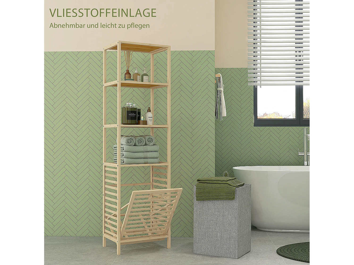 Étagère de salle de bain en bambou, avec 3 étagères ouvertes et panier en tissu, avec protection anti-basculement, couleur naturelle (44x33x160 cm)