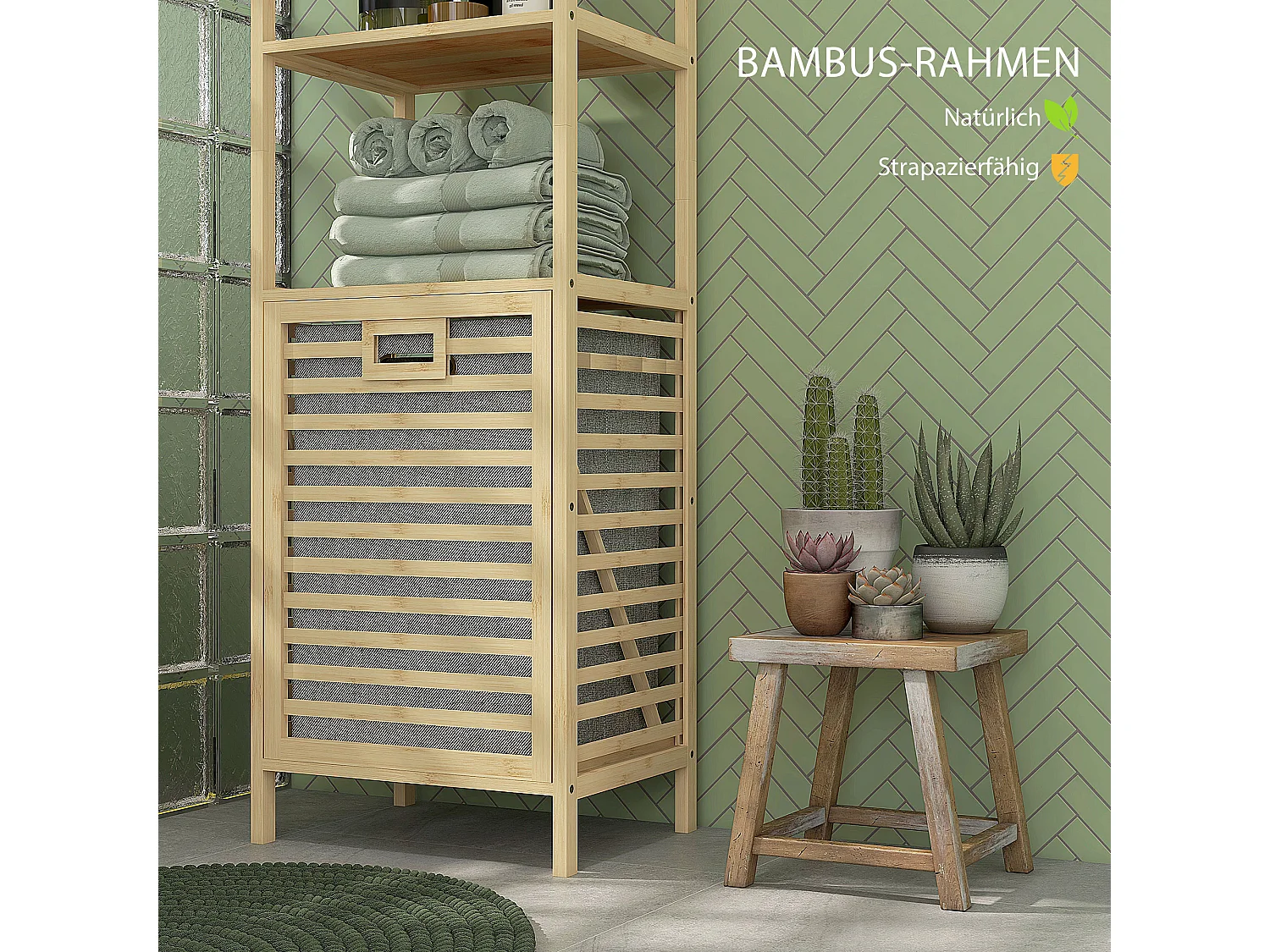 Étagère de salle de bain en bambou, avec 3 étagères ouvertes et panier en tissu, avec protection anti-basculement, couleur naturelle (44x33x160 cm)