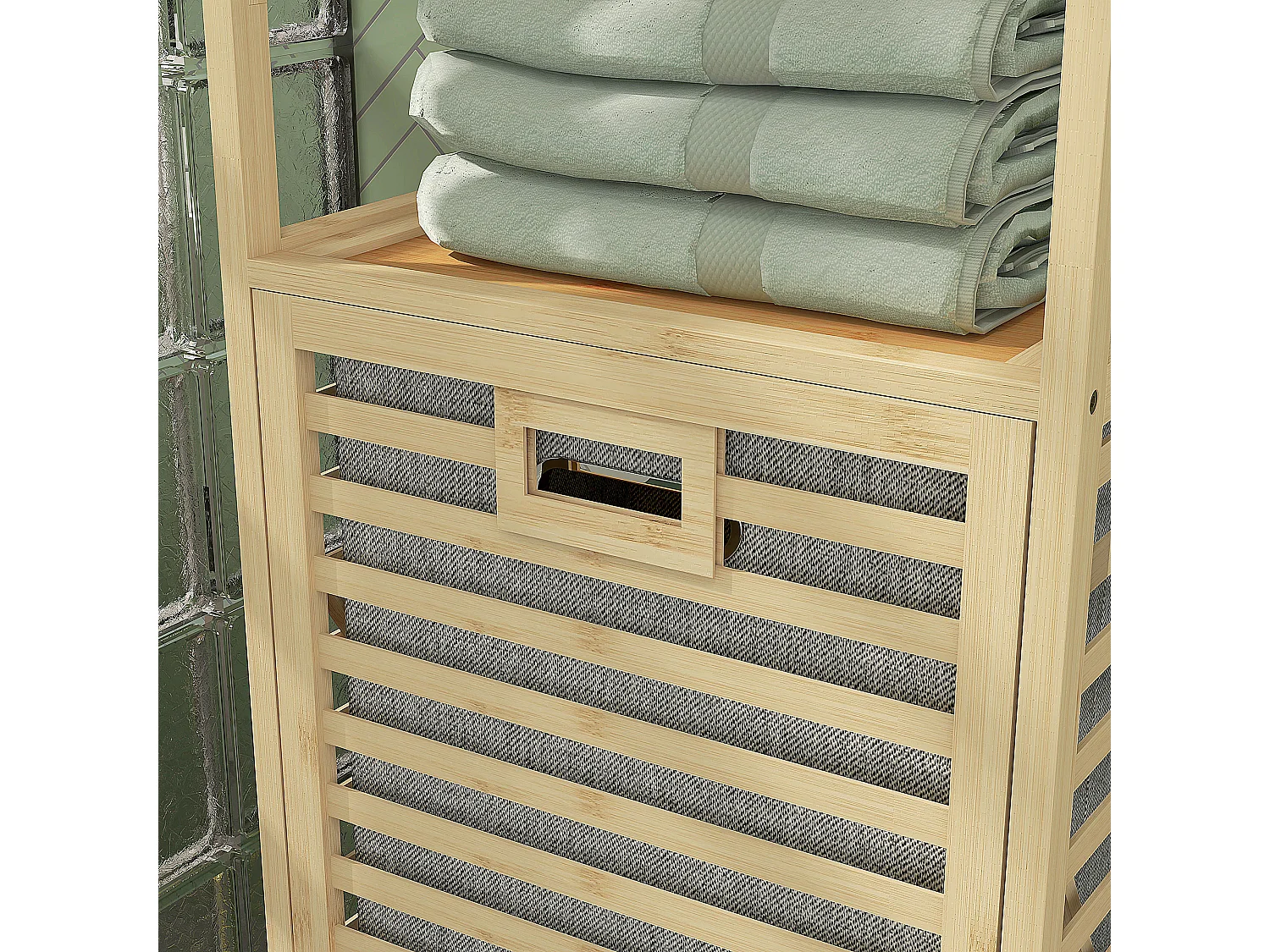 Étagère de salle de bain en bambou, avec 3 étagères ouvertes et panier en tissu, avec protection anti-basculement, couleur naturelle (44x33x160 cm)