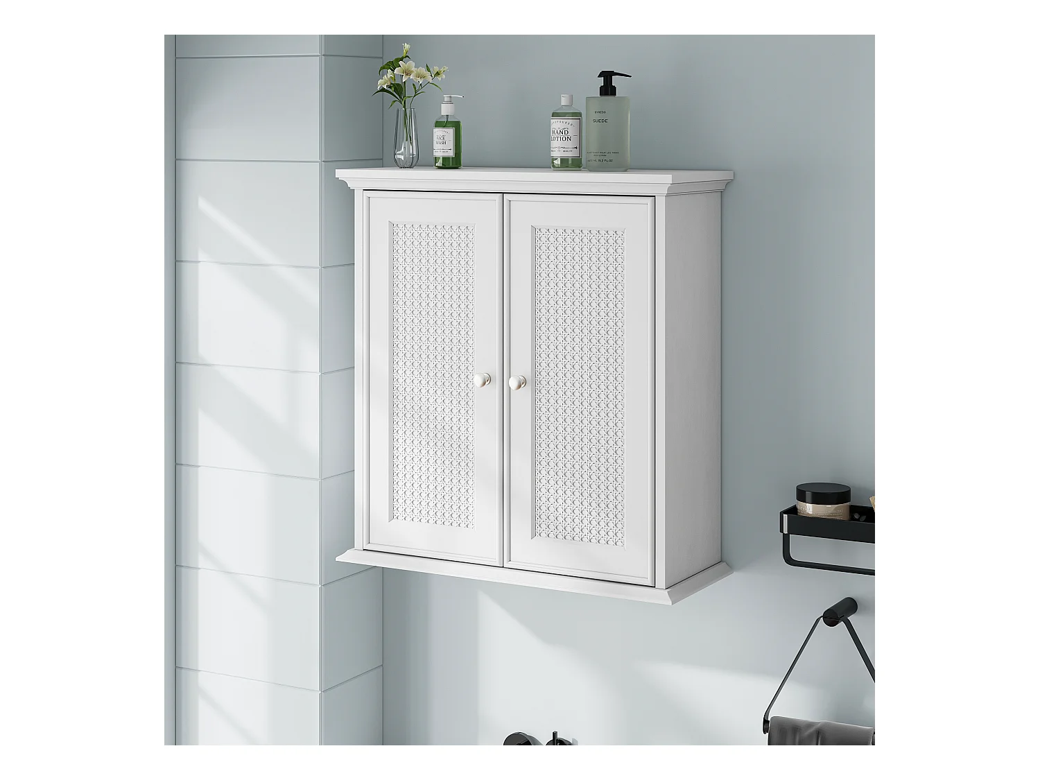 Meuble de salle de bain suspendu avec portes en rotin, MDF, blanc (54.6x19.8x59.9 cm)