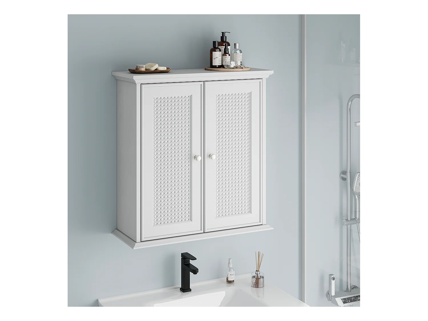 Meuble de salle de bain suspendu avec portes en rotin, MDF, blanc (54.6x19.8x59.9 cm)