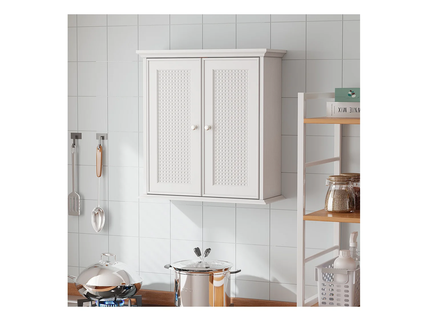 Meuble de salle de bain suspendu avec portes en rotin, MDF, blanc (54.6x19.8x59.9 cm)