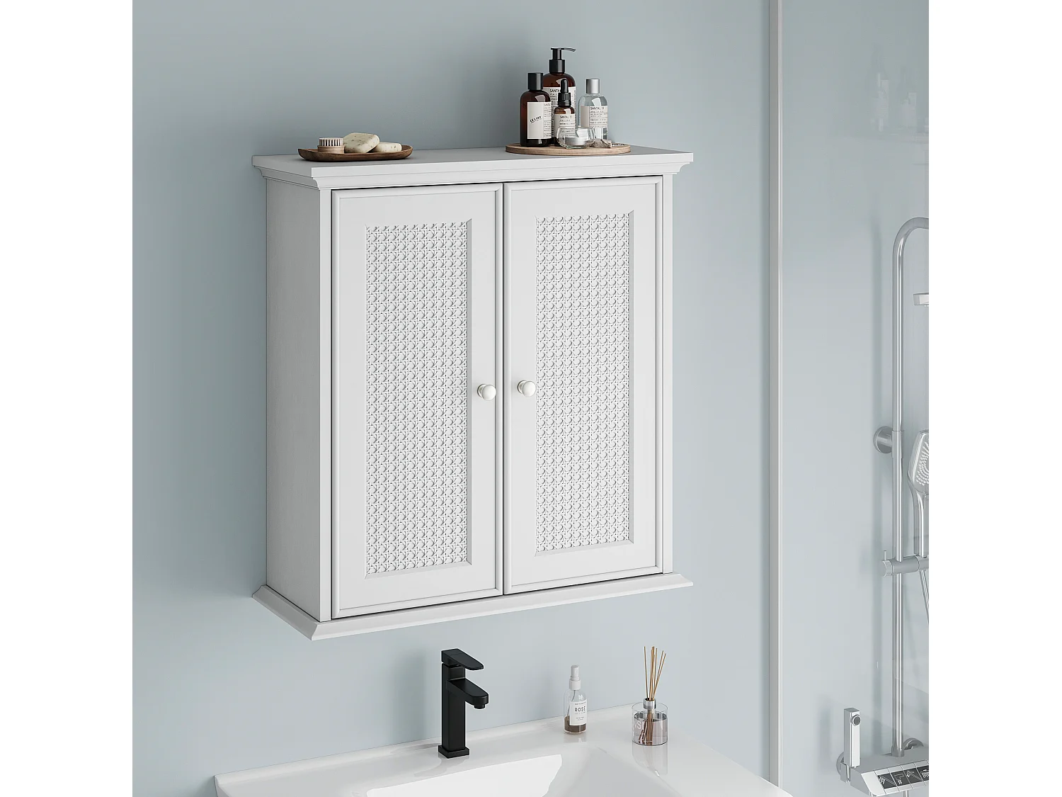 Meuble de salle de bain suspendu avec portes en rotin, MDF, blanc (54.6x19.8x59.9 cm)
