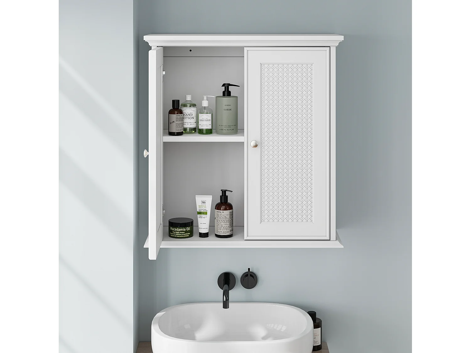 Meuble de salle de bain suspendu avec portes en rotin, MDF, blanc (54.6x19.8x59.9 cm)