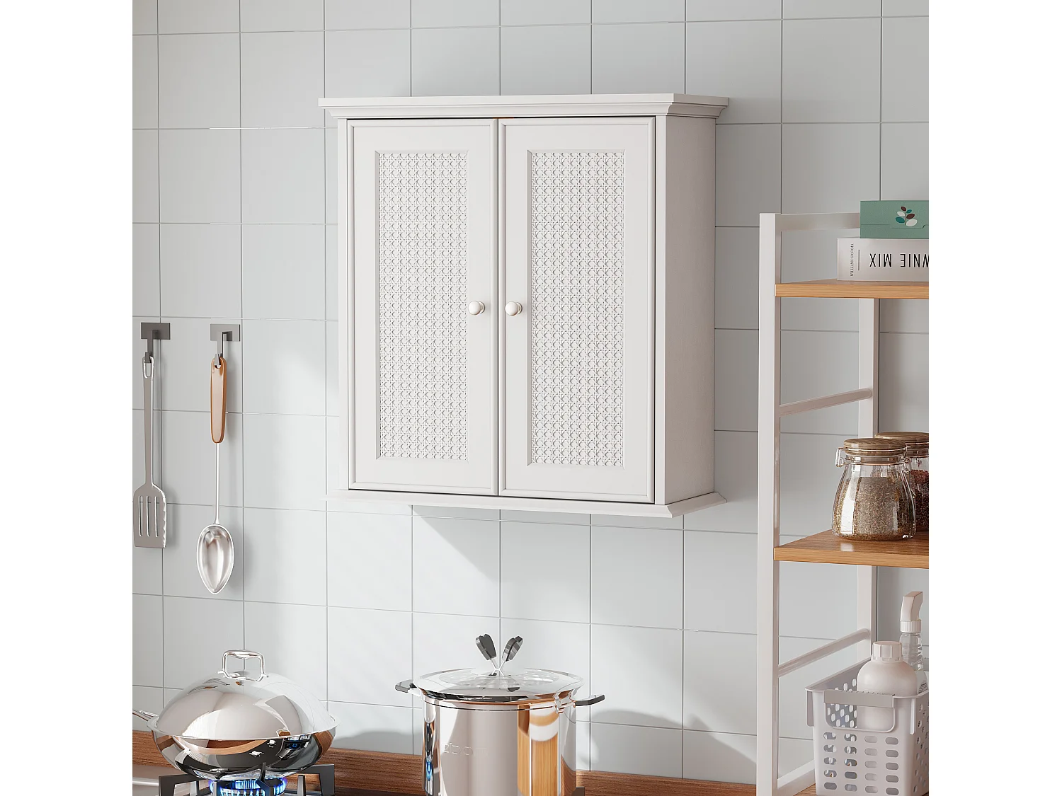 Meuble de salle de bain suspendu avec portes en rotin, MDF, blanc (54.6x19.8x59.9 cm)