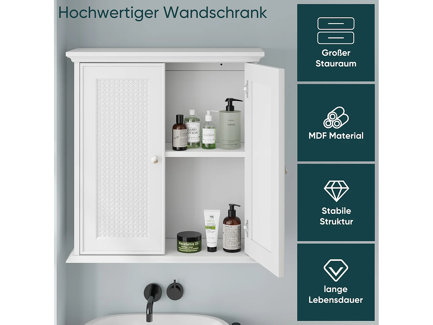 Meuble de salle de bain suspendu avec portes en rotin, MDF, blanc (54.6x19.8x59.9 cm)