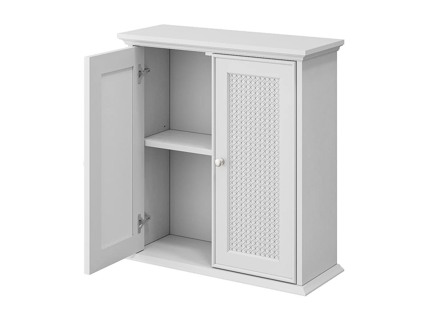 Meuble de salle de bain suspendu avec portes en rotin, MDF, blanc (54.6x19.8x59.9 cm)