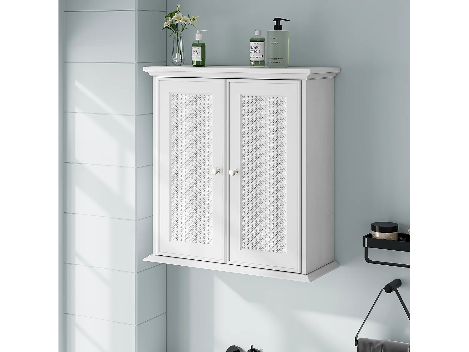 Meuble de salle de bain suspendu avec portes en rotin, MDF, blanc (54.6x19.8x59.9 cm)