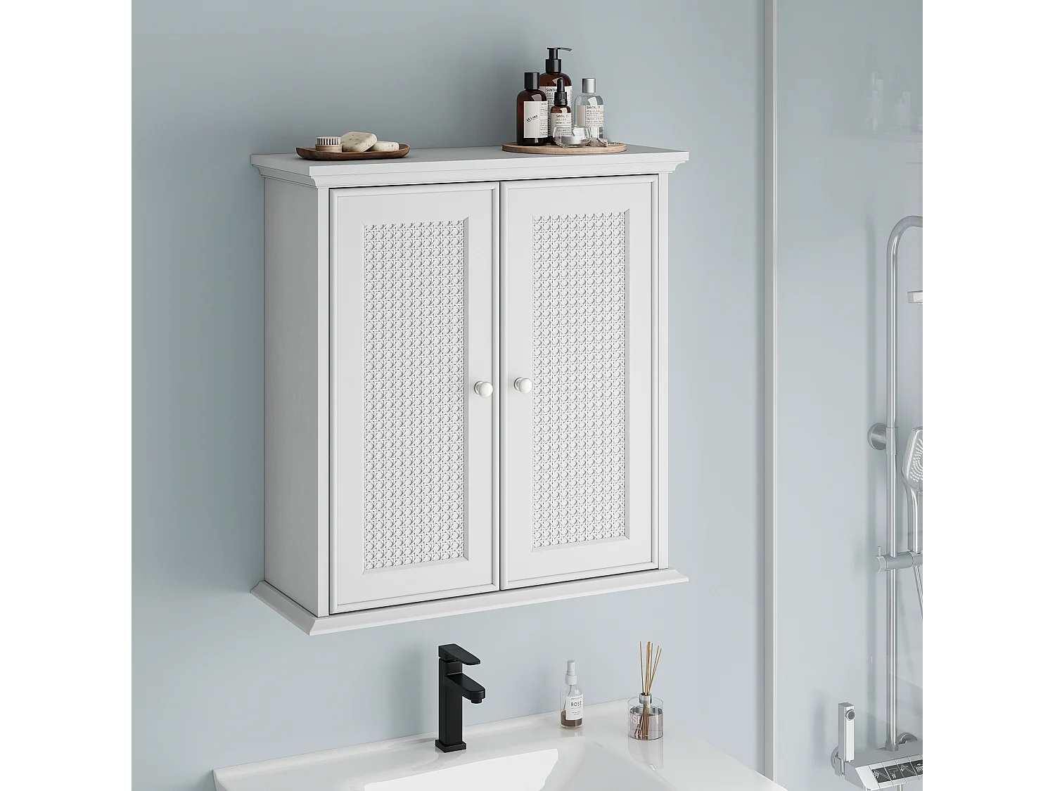 Meuble de salle de bain suspendu avec portes en rotin, MDF, blanc (54.6x19.8x59.9 cm)