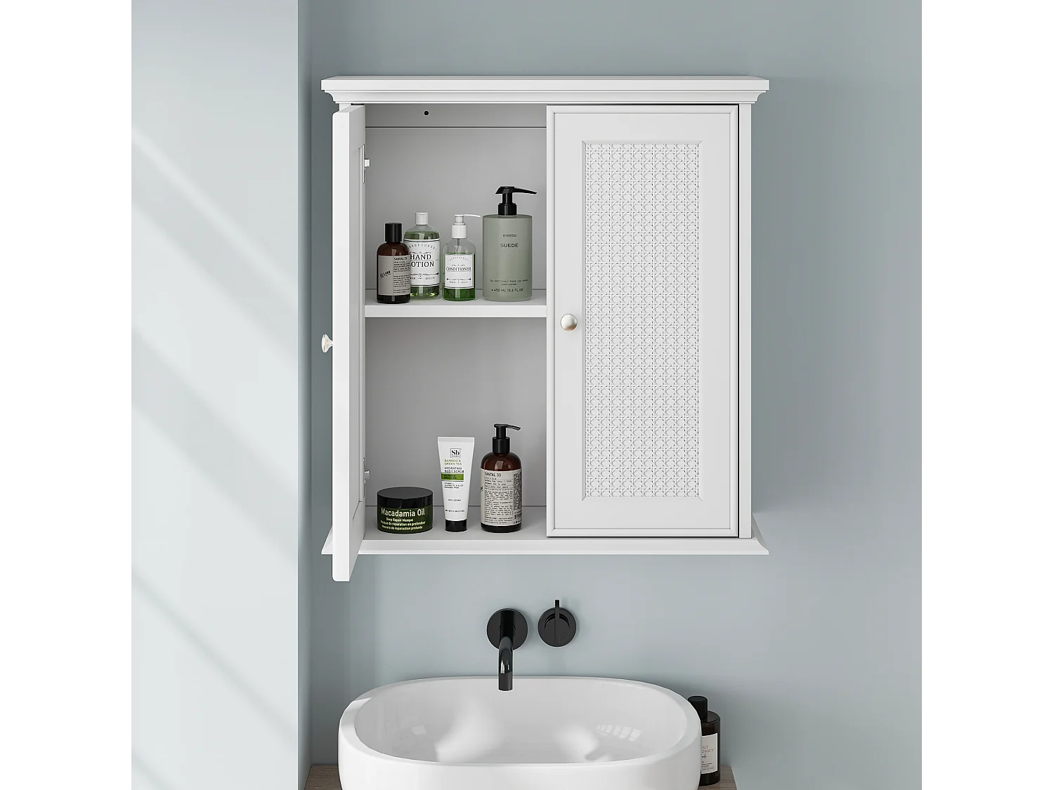 Meuble de salle de bain suspendu avec portes en rotin, MDF, blanc (54.6x19.8x59.9 cm)