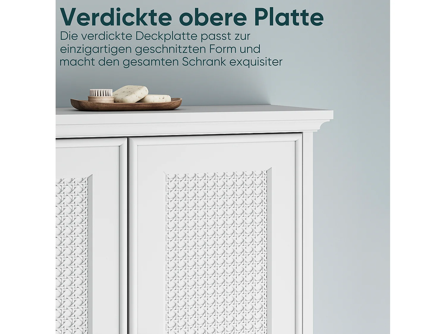 Meuble de salle de bain suspendu avec portes en rotin, MDF, blanc (54.6x19.8x59.9 cm)