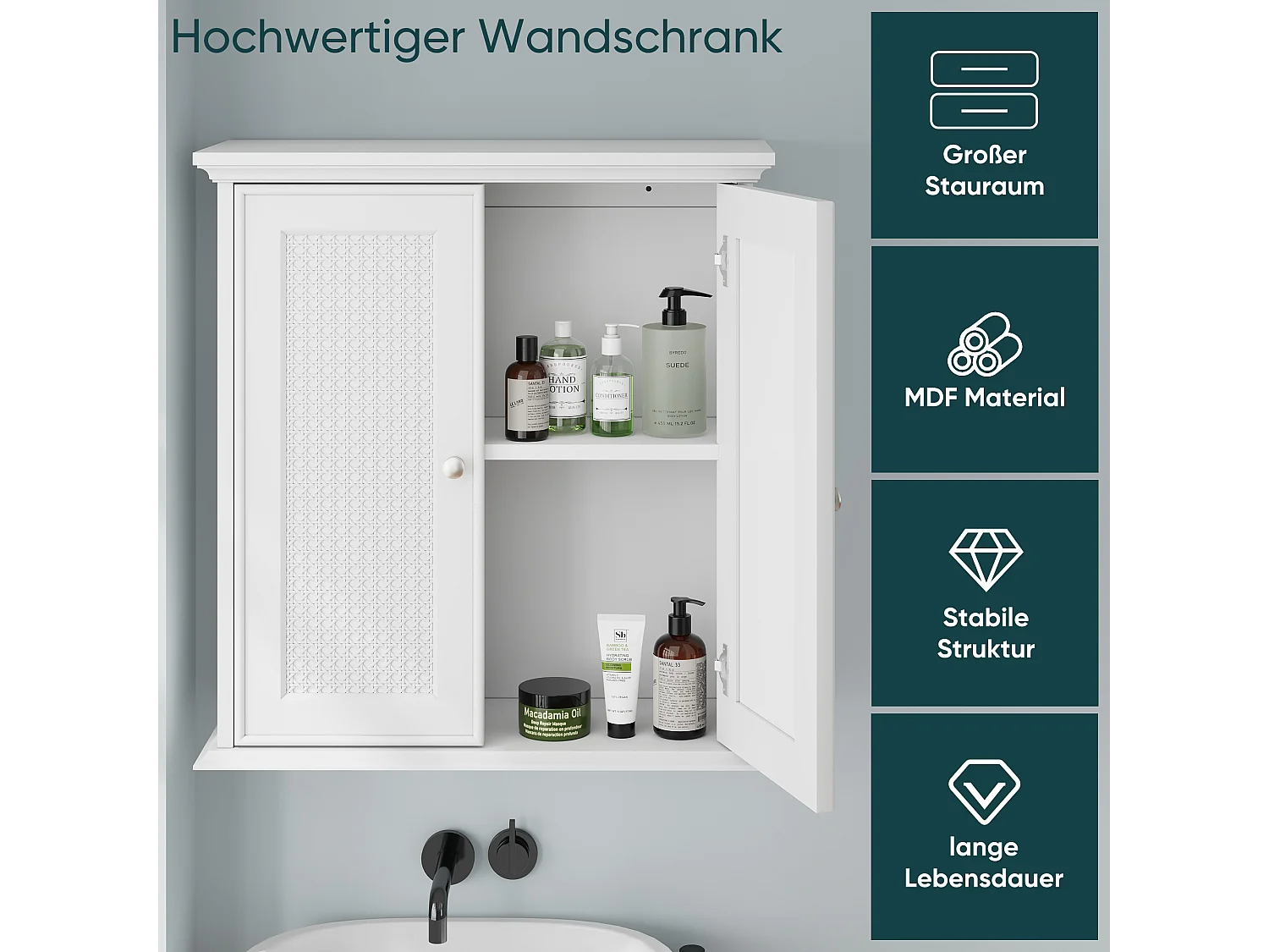 Meuble de salle de bain suspendu avec portes en rotin, MDF, blanc (54.6x19.8x59.9 cm)